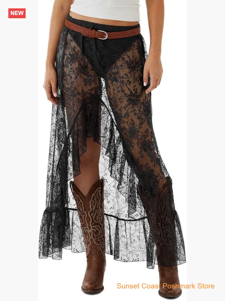 Lace Maxi Skirt High Low Asymmetrical Sheer Beach Cover-Up